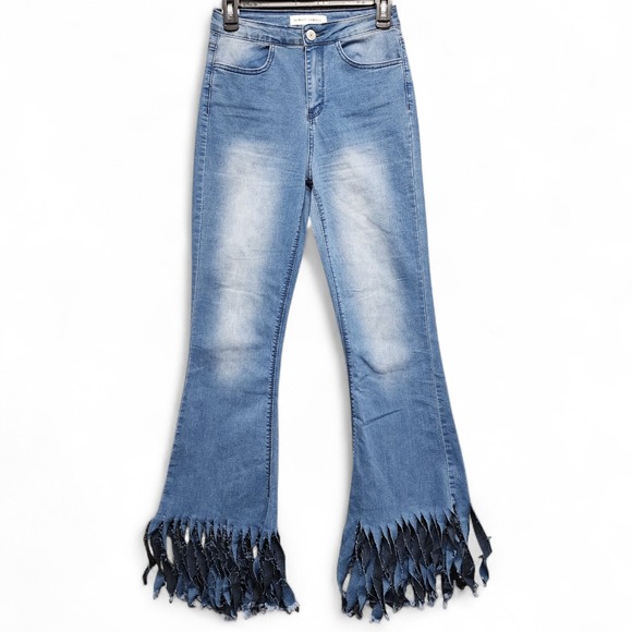 Almost Famous Denim - Almost Famous Flare Boho Shredded Jeans Womens Size 3 Blue Stretch Denim